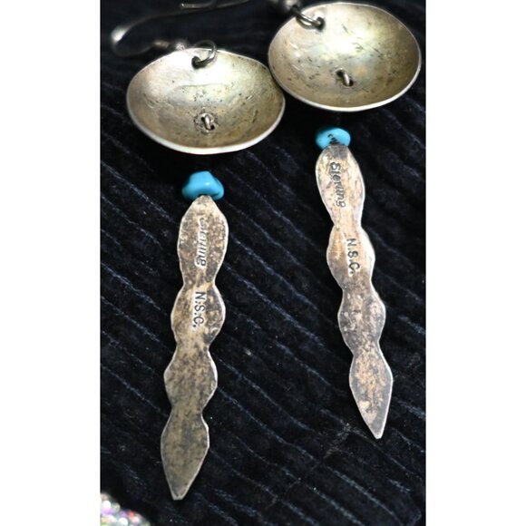 Native American Turquoise Dream Catcher Feather Dangle Earrings - Hallmarked - Picture 2 of 4